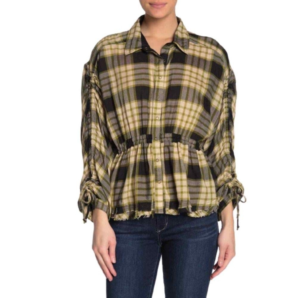 Free People NWT Pacific Dawn Plaid Shirt Snap Front Closure Drawstring Black New